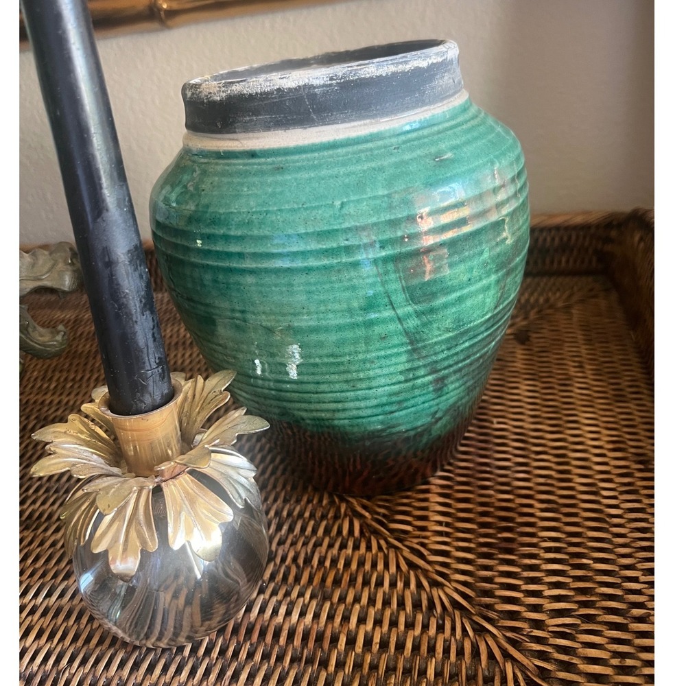 Vintage David Raku Studio Pottery Vase Turquoise Green Ribbed Ceramic Jar 9.5"
